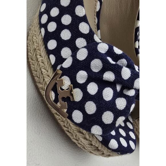 Tory Burch Dory Navy/White Polka Dot Wedge Espadrille Women's Bow Peep Toe Sz 9 - Picture 4 of 10
